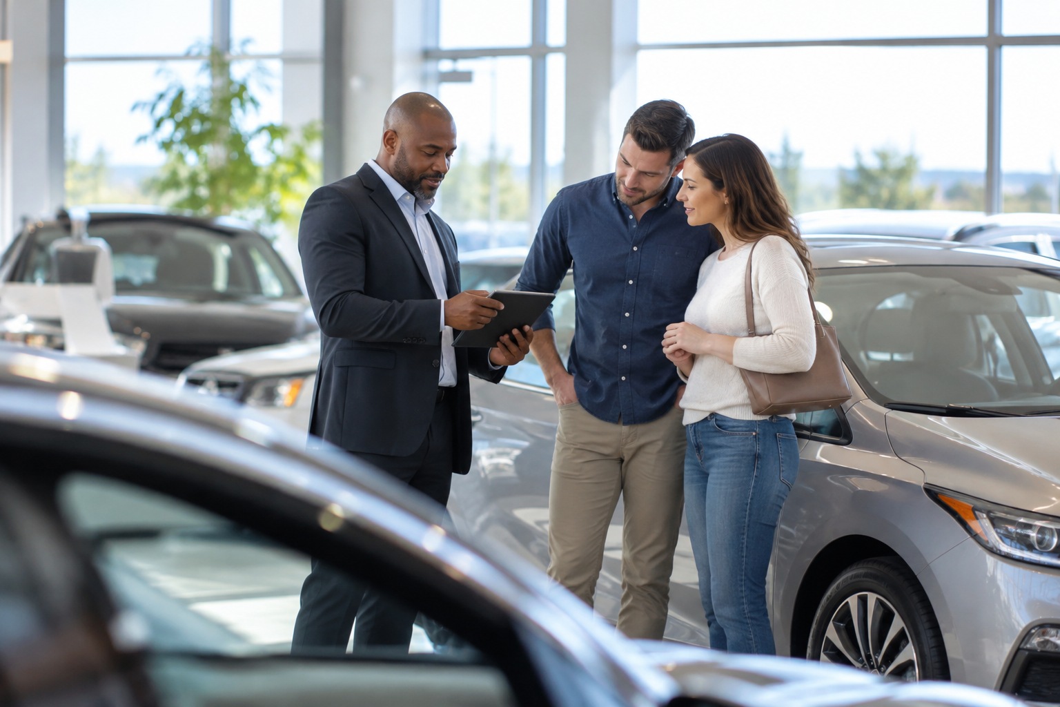 Sales advisor discussing vehicle choices with showroom visitors